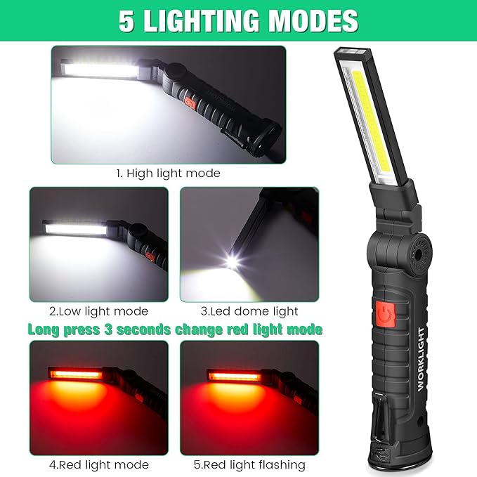 Honoson 4 Pieces LED Work Light Cob Rechargeable Work Flashlight with Magnetic Base, Hanging Hook and 360° Rotate 5 Modes Portable LED Flashlight for Car Repair, Household and Outdoor(Small, Large)