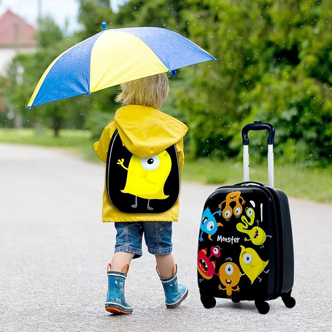 BABY JOY 2 PC Kids Luggage, 16" Toddlers Carry-on Suitcase & 12” Backpack Set, Children Travelling Case w/ 4 Casters & Retractable Handle, Lightweight Trolley Case for Boys & Girls (Monster)