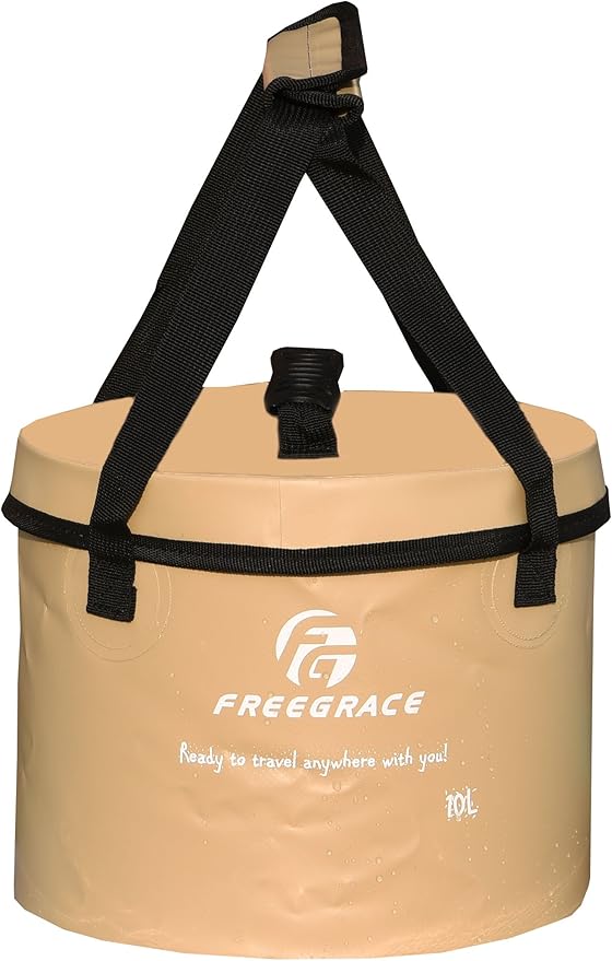 Freegrace Premium Collapsible Bucket -Multifunctional Folding Bucket -Perfect Gear for Camping, Hiking & Travel (Khaki, 10L(Upgraded))