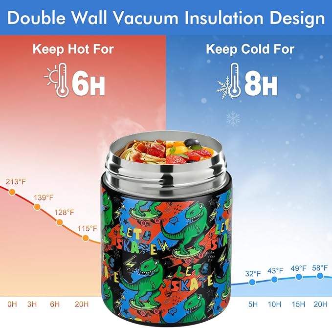 12oz Soup Thermo for Hot Food Kids Insulated Food Jar Wide Mouth Lunch Container Leak Proof Stainless Steel Vacuum Bento Box for School Office Travel Outdoors Black-Dinosaur