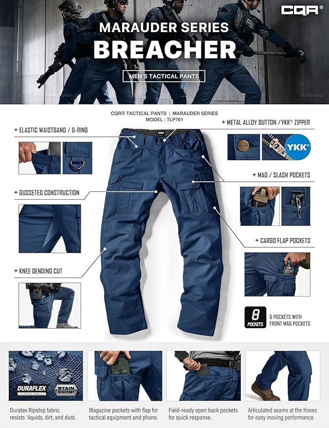 CQR Men's Flex Ripstop Tactical Pants, Water Resistant Stretch Cargo Pants, Lightweight EDC Hiking Work Pants