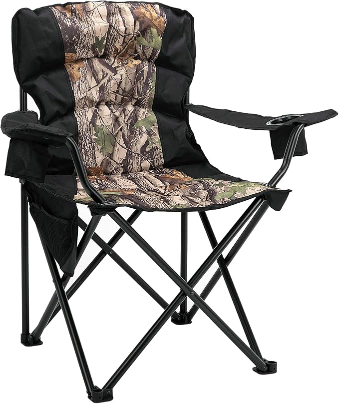 Oversized Camping Chair Folding Heavy Duty Quad Outdoor Large Lawn Chairs Portable Support 400 lbs Padded Thicken Oxford with Armrests, Storage Bag, Cup Holder, Carry Bag for Outside(Camo)