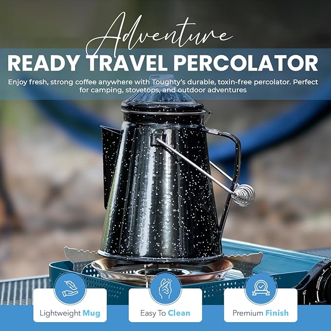 Toughty Enamel Coffee Percolator - Stovetop Coffee Maker for Camping, Open Fire, Grill, or Stove - Vintage Coffee Pot - Durable Old-Fashioned Metal Percolator w/ 2 Cups & 12 Coffee Filters - Black