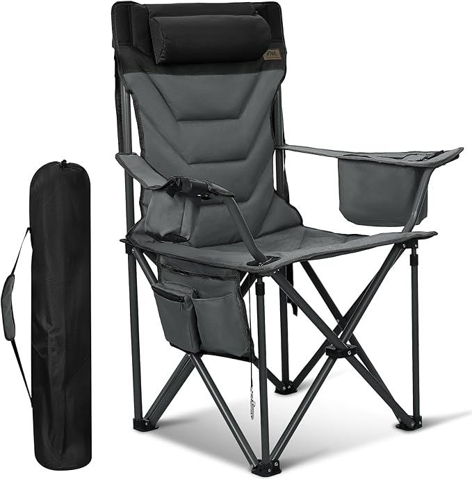 Oversized High-Back Camping Chairs with Pillow, Dual Cup Holders & Cooler Bag - Heavy Duty Foldable Outdoor Chair for Adults, Picnic, Fishing, Backyard, Sports （BlackGrey）
