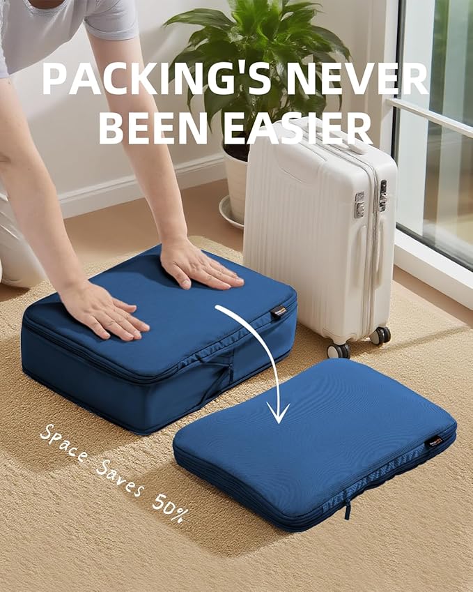 6 Set Compression Packing Cubes for Travel, Large Medium Small Luggage Organizers (Dark Blue)