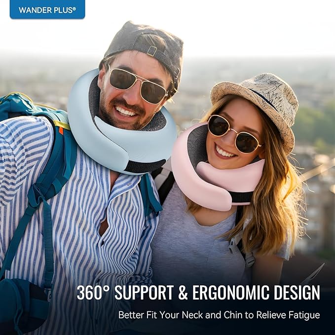 WANDER PLUS® Travel Neck Pillow, Memory Foam Neck Pillow for Airplanes, Comfortable Breathable Cover, 360 Degree Support Ergonomic Design Best for Sleeping Plane Train Travel Essentials Max Sky Blue