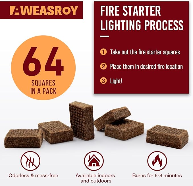Fire Starter Squares 192 - Fire Starters for Fireplace,Chimney,BBQ Grill,Camping Fire,Wood Stove - Water Resistant and Safe Odourless - Camping Accessories