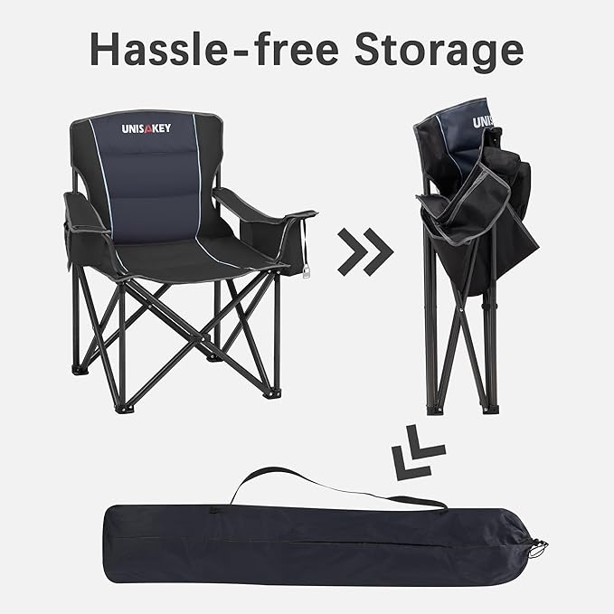 Oversized Folding Camping Chair for Adults - 450lbs Support - Heavy Duty Portable Lawn Chairs with Side Pocket Cup Holder Cooler Bag for Sports Garden Beach Fishing, Black