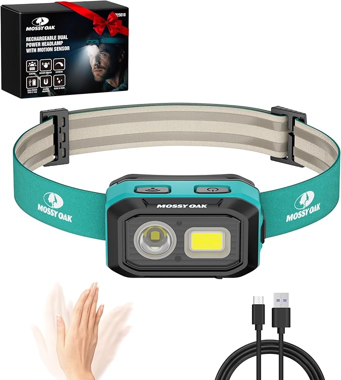 Mossy Oak 600 Lumens LED Headlamp, Dual Power Source, Motion Sensor Head Lamp with Magnetic Base, Stepless Dimming, Memory Mode for Camping, Running, Hiking
