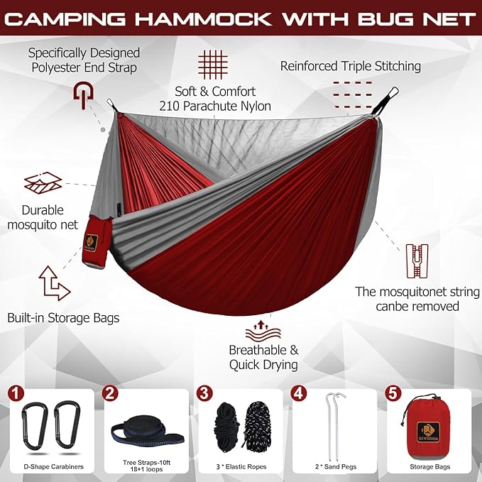 Camping Hammock, Portable Hammocks with Mosquito Net,Lightweight Nylon Parachute Hammock with 10ft Tree Straps,Camping Gear Must Haves for Travel Hiking Backpacking Beach Patio-Red&Grey