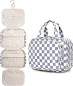 Narwey Hanging Toiletry Bag for Women Travel Makeup Bag Organizer Toiletries Bag for Travel Size Essentials Accessories Cosmetics (Grayish Blue Checkerboard (Medium))