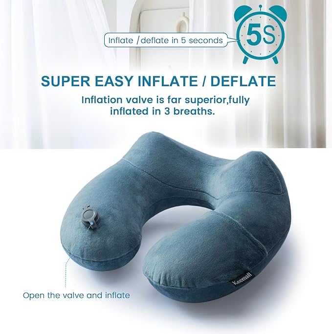 2Pack Inflatable Travel Neck Pillow for Airplane Sleeping, Adjustable Blow Up Neck Support Air Pillow Traveling on Plane Long Flights Washable