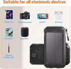 Solar Charger 20,000mAh, Portable Power Bank, 4 Cables Outdoor Waterproof External Backup Phone Charger with USB-C for Cell Phones, Solar Battery Pack with Dual Flashlight for Camping