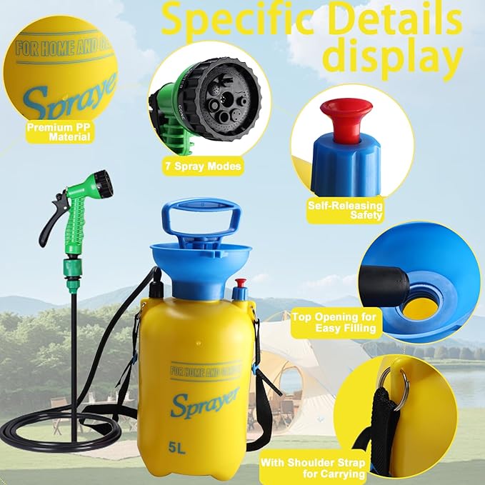 Finderomend Portable Shower for Camping with 7 Spray Modes, Hand Press Camping Shower with Removable Hose and Shower Head,Pressure Rinse Kits for Hiking Traveling Garden Beach Pet Shower