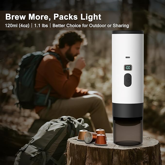 Portable Electric Espresso Machine, Travel Camping Coffee Makers, Car Self-Heating Coffee Maker with USB-C, Compatible with Ground Coffee & NS Capsules for RV/Office/Hiking