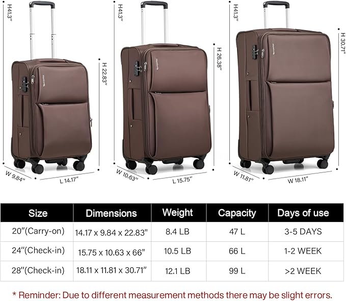 Hanke 3 Piece Luggage Sets Softside Expandable Carry On Luggage Set Travel Suitcase Sets with Spinner Wheels TSA Approved Luggage(Coffee, 20in/24in/28in)