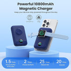 Magnetic Portable Charger for iPhone, 10800mAh 4-in-1 Wireless Power Bank with iWatch Charger, 25W PD Fast Charging Battery Pack for Magsafe, iPhone 16/15/14/13/12 Series, Apple Watch (Blue)