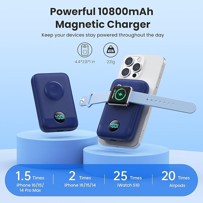 Magnetic Portable Charger for iPhone, 10800mAh 4-in-1 Wireless Power Bank with iWatch Charger, 25W PD Fast Charging Battery Pack for Magsafe, iPhone 16/15/14/13/12 Series, Apple Watch (Blue)