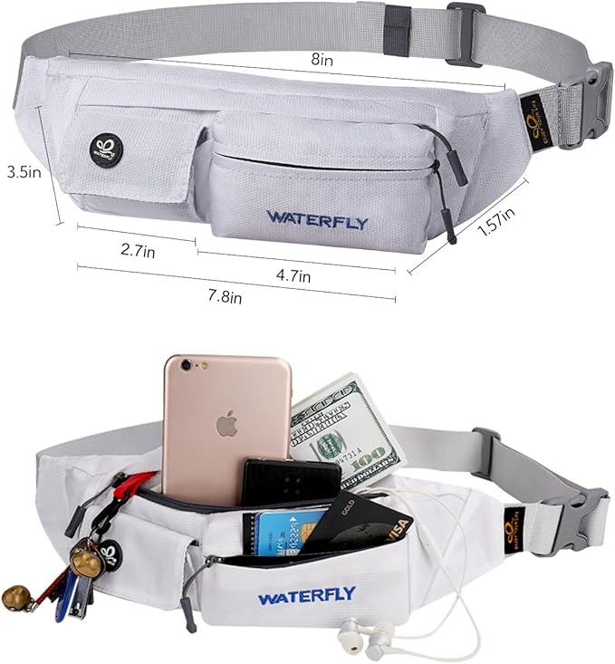 WATERFLY Fanny Pack Slim Soft Polyester Water Resistant Waist Bag Pack for Man Women Carrying iPhone 8 Samsung S6 (White)