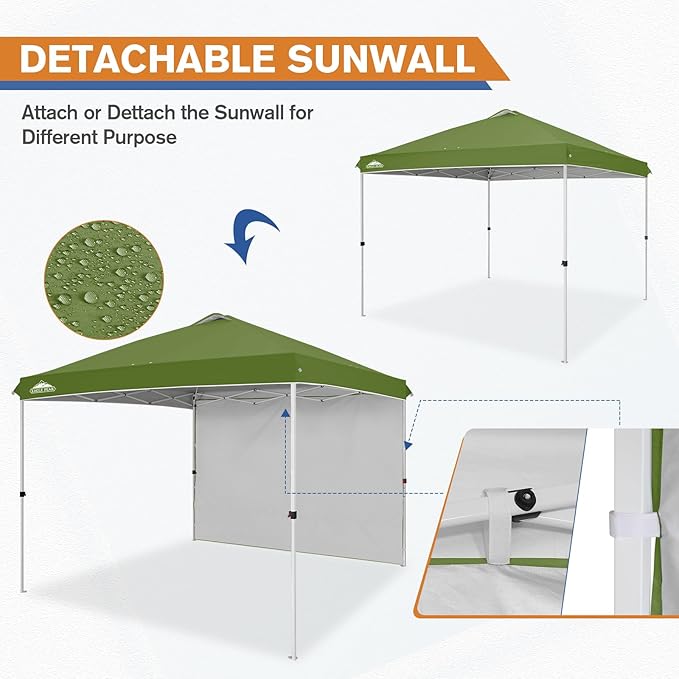 EAGLE PEAK Pop Up Canopy Tent with 1 Sidewall, Easy Setup Event Tent, Outdoor Sun Shade, Wheeled Carry Bag, Stakes and Guy Ropes, Instant Canopy 10x10, Grass Green
