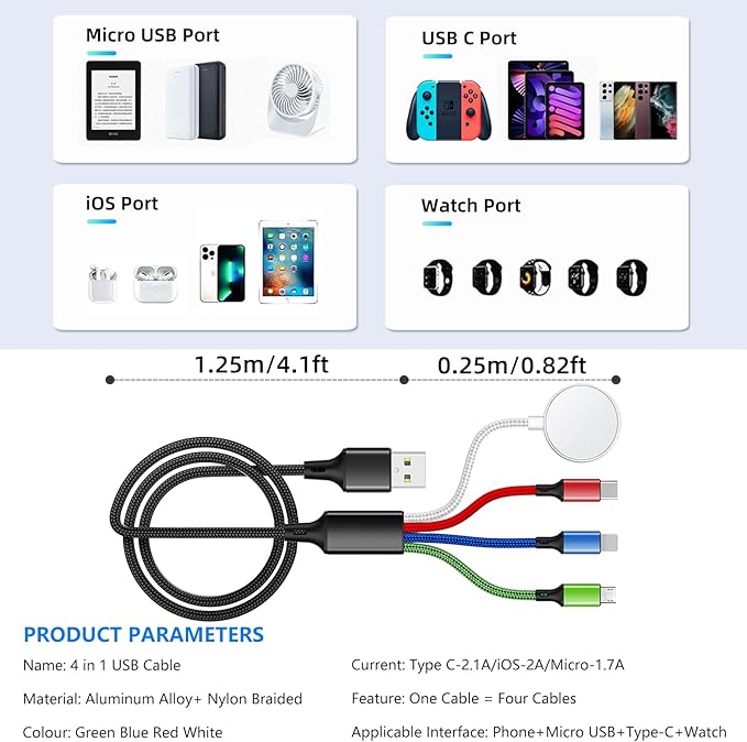 2Pack 5FT 4 in 1 for Apple Watch Charger iPhone Charger,Multi Charging Cable USB C Micro iWatch Charger Compatible with iWatch Ultra Series 10/9/8/7/6/SE/5/4/3,iPhone 16/15/14/13/12,Galaxy Android
