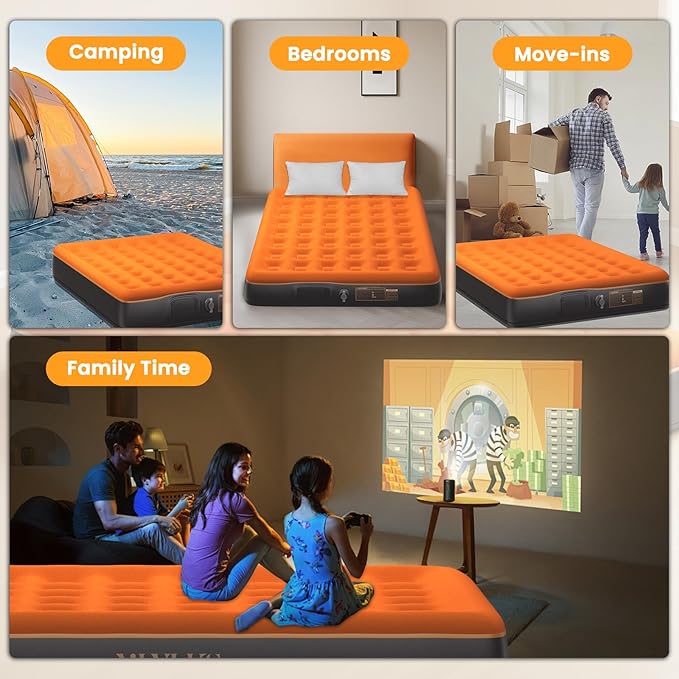 Queen Air Mattress with Built-in USB Rechargeable Pump, 10’’ Blow up Mattress for Adults, 600 LBS Portable Air Bed,Camping Inflatable Mattress for Guest, Camping, Home & Travel, Carry Bag Included