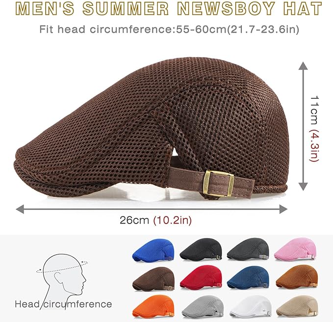 2 Pack Men's Mesh Cap Breathable Summer Newsboy Hat Adjustable Beret Ivy Cap Irish Cabbie Driving Hunting Hats