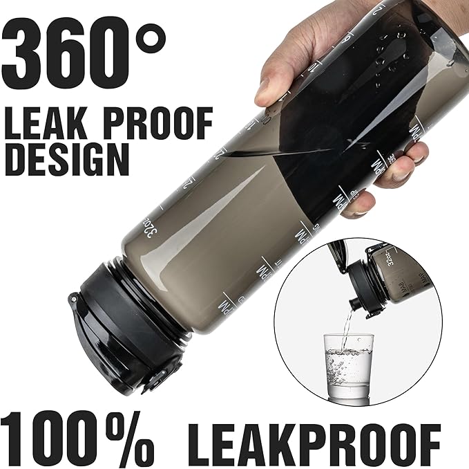 OLDLEY Water Bottle 32oz, Durable and Leakproof Water Bottles Motivational with Time Marker, Tritan, BPA Free, Wide Mouth, Gym, Travel, Home, School, Office, Clear Black (1 Bottle)