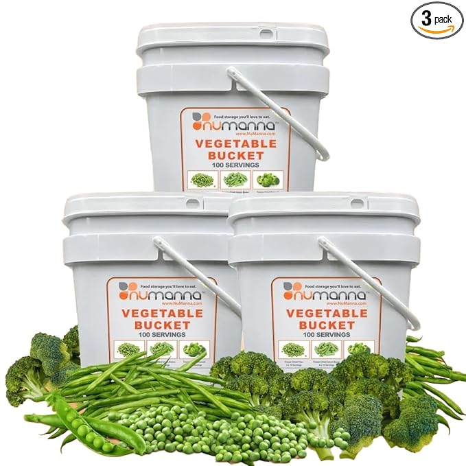 NuManna Triple Pack Freeze-Dried 3 Vegetables Buckets 300 Servings Contains Peas, Green Beans & Broccoli | Non-GMO, No Preservatives, No MSG Camping & Emergency Survival Food with 25 Years Shelf Life