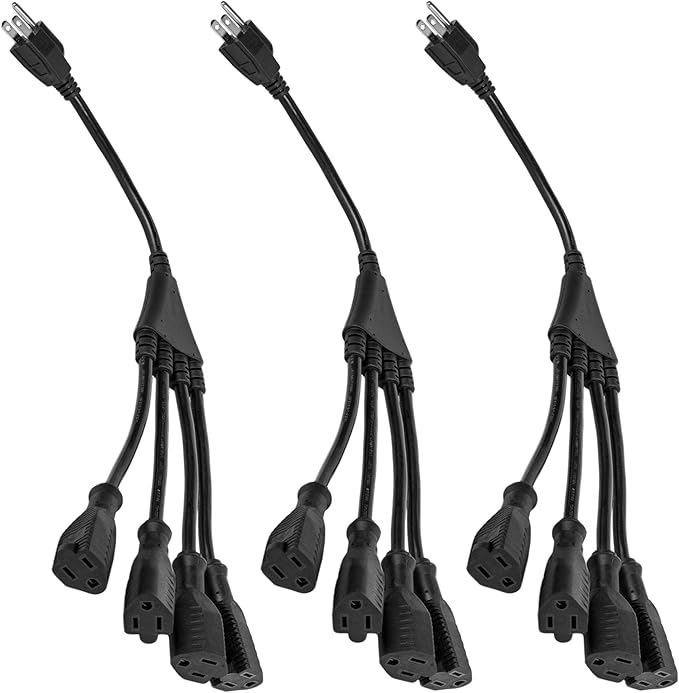 4 Way Power Splitter - 1 to 4 Extension Cord Splitter, 1.5' Short Extension Cord UL Listed, Outlet Splitter 3 Prong, Power Strip Outlet Plug, Y Style Extension Cord Black, SJT 16 AWG Luxury Office (3)