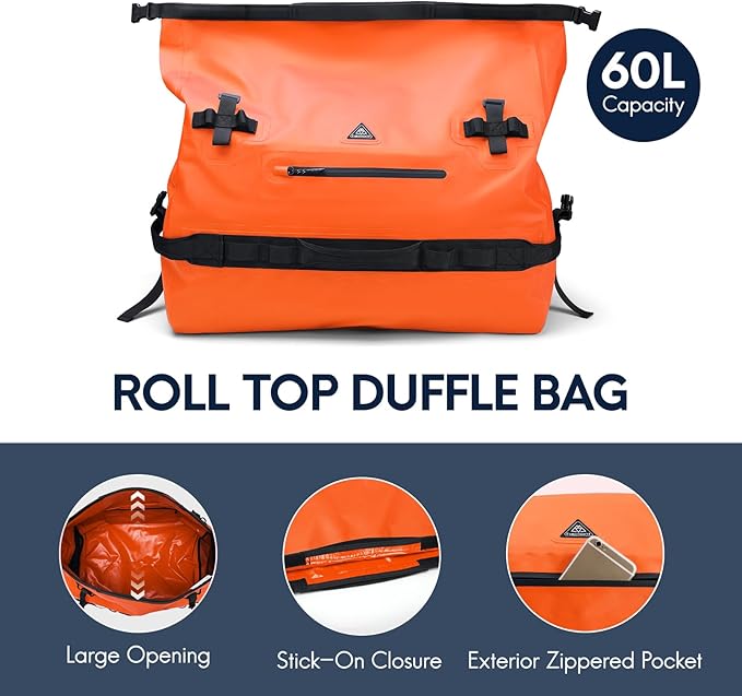Haimont Large Waterproof Duffel Backpack Roll-Top Heavy Duty Dry Duffle Bag for Boating, Travel, Motorcycle, Kayaking, Camping, 60L