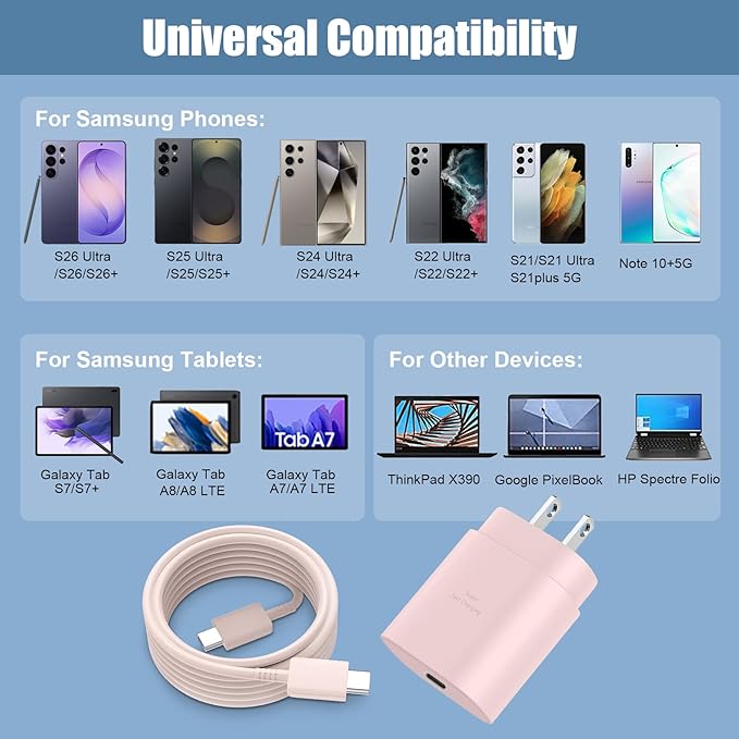 Super Fast Charger Type C,25W USB C Wall Charger Fast Charging Block &8Ft Cable Cord for Samsung Galaxy S26/S25/S24/S24 Ultra/S24+/S23 Ultra/S23/S23+/S22/S22 Ultra/S22+/S21 Ultra/S20 Ultra/Note 20/10