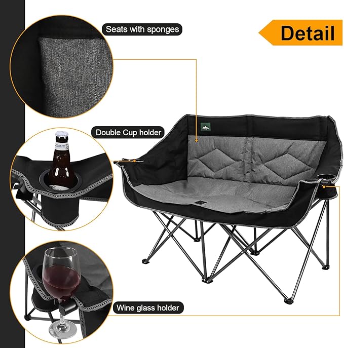Northroad Folding Loveseat Camping Chair Portable Double Duo Full Padded Garden Sofa Chair for 2 Person w/ 2 Cup Holder,Wine Glass Holder,Support 600lbs for Outdoor Travel (Black)
