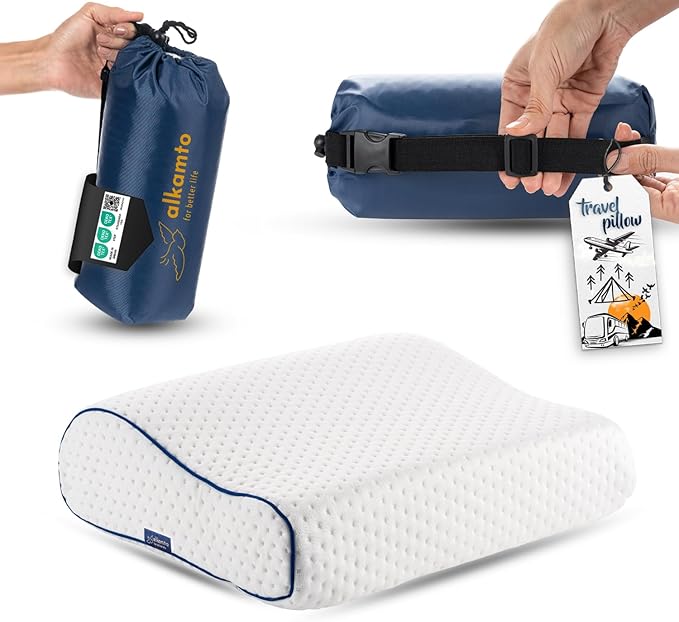alkamto Travel & Camping Comfortable Memory Foam Pillow – Easy to Carry Portable Bag – Temperature Regulating Pillow Case (White Contour)
