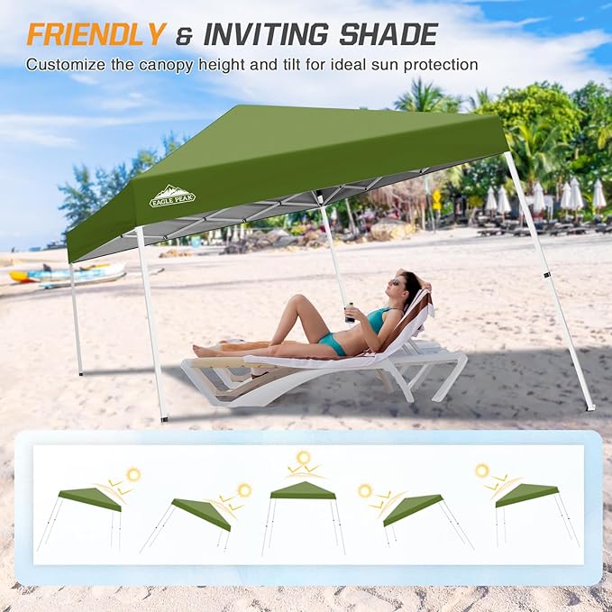 EAGLE PEAK 10x10 Slant Leg Pop-up Canopy Tent Easy One Person Setup Instant Outdoor Beach Canopy Folding Portable Sports Shelter 10x10 Base 8x8 Top (Grass Green)