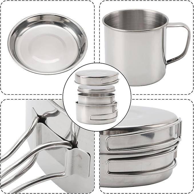 Camping Cookware Mess Kit, 8PCS Stainless Steel Cooking Pot and Pan Set with Plates Cups for Outdoor Camping Hiking Backpacking Lightweight Backpacking Cook Set Stainless Steel Cookware Kit