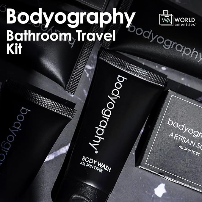 World Amenities - Bodyography Toiletry Kit - 6 Piece Set Shampoo, Conditioner, Body Wash, Lotion, Hand Soap, Massage Bar, Clear Travel Bag