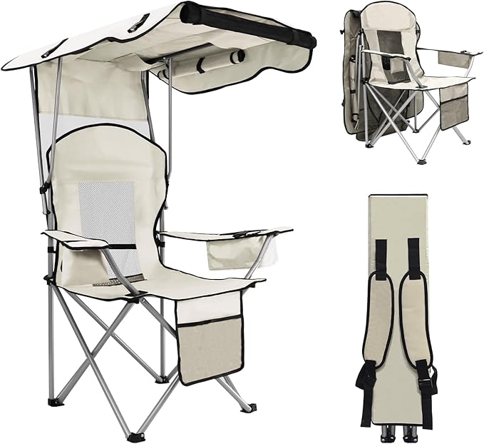 BDL Camping Chair with Canopy Shade Portable Folding Beach Chairs with Cooler, Mesh Backrest, Cup Holder, and Pocket for Camping, Fishing, Beach, and Sports,White