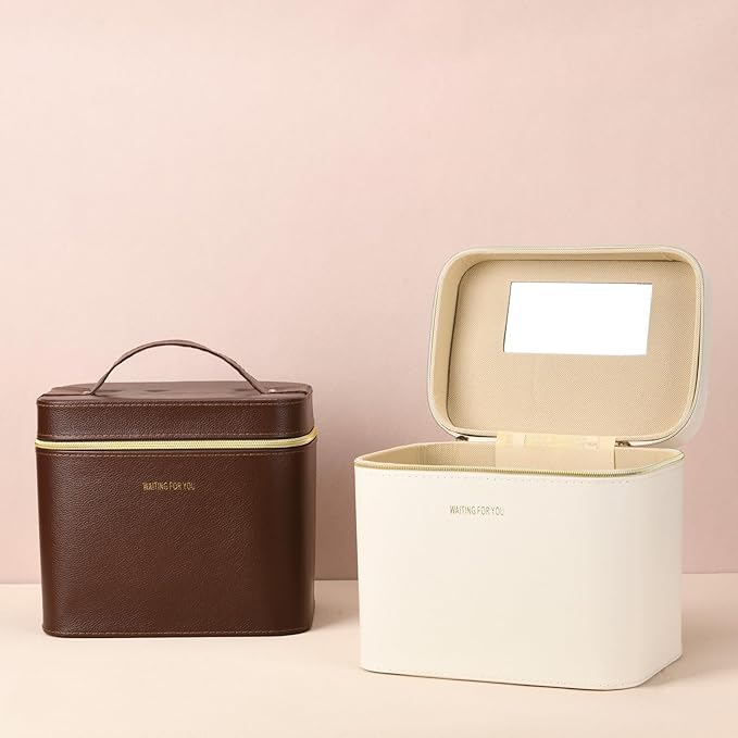 Hard brown makeup box, Portable leather hard cosmetic case with mirror, Professional train case make up box for women adults. (Monolayer - Brown)