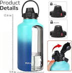 Water Bottle Insulated 32oz 40oz 64oz 128oz Straw Lid Spout Lid & 3 Lids, Leak Proof, Vacuum Insulated,Stainless Steel Water Bottle Wide Mouth for Sports, Gym or Office