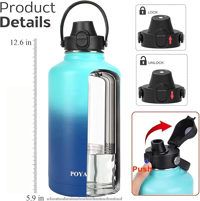 Water Bottle Insulated 32oz 40oz 64oz 128oz Straw Lid Spout Lid & 3 Lids, Leak Proof, Vacuum Insulated,Stainless Steel Water Bottle Wide Mouth for Sports, Gym or Office