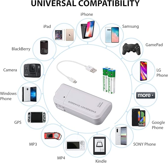 Portable AA Battery Travel Charger for Samsung Galaxy J3 Achieve and Emergency Re-Charger with LED Light! (Takes 2 AA Batteries) [White]