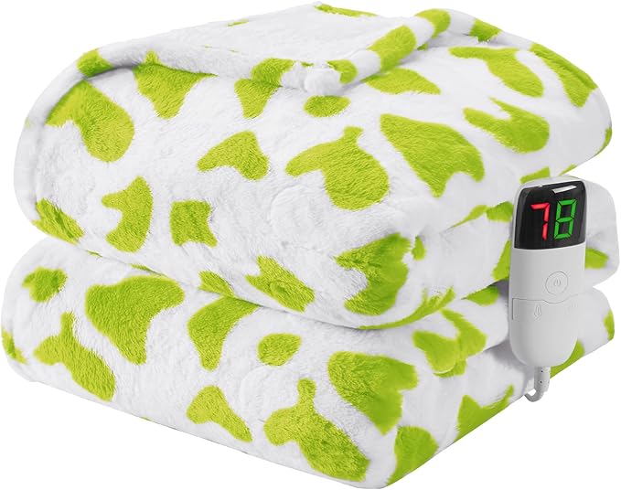 Green Cow Heated Electric Blanket Throw, 50X60 Heating Blanket with 10 Heats Levels & 8 Hours Auto Off, Cute Christmas Yoga Gifts for Women Teen Girls Mom Pets, Home Decor for Living Room Bedroom