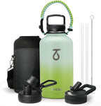 Trebo 64 oz Water Bottle Insulated with Paracord Handle and Straw, Half Gallon Vacuum Stainless Steel Large Water Jug Keep Cold 48 Hours, Reusable Water Flask with 3 Lids for Men Women Gym, Dark Green