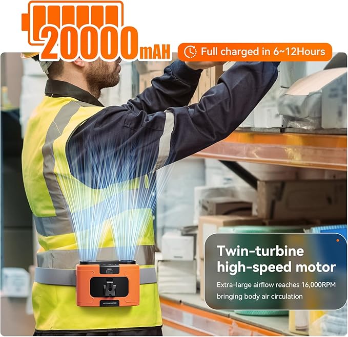 20000mAh Personal Waist Fan, USB Rechargeable Clip The Waist For Working,10 Speed & 40H Cooling and Heatstroke Prevention For Outdoor Travel Camping (K60-orange, 24000mAh)