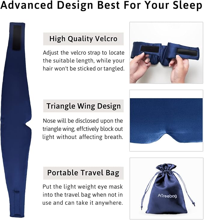 Silk Sleep Mask for Women Men Satin, ATreebag Eye Sleeping Mask & Blindfold with Adjustable Velcro Strap, Large Size, 1 PC Navy Blue
