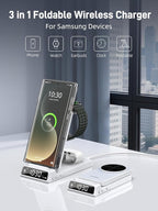 Magnetic Wireless Charger for Samsung, 3 in 1 MagSafe Charging Station for Samsung Galaxy Z Fold/Flip 7/S25 Ultra/S24 Ultra, Foldable Charger for Samsung Galaxy Watch Ultra/8/7/Galaxy Buds 3 (White)
