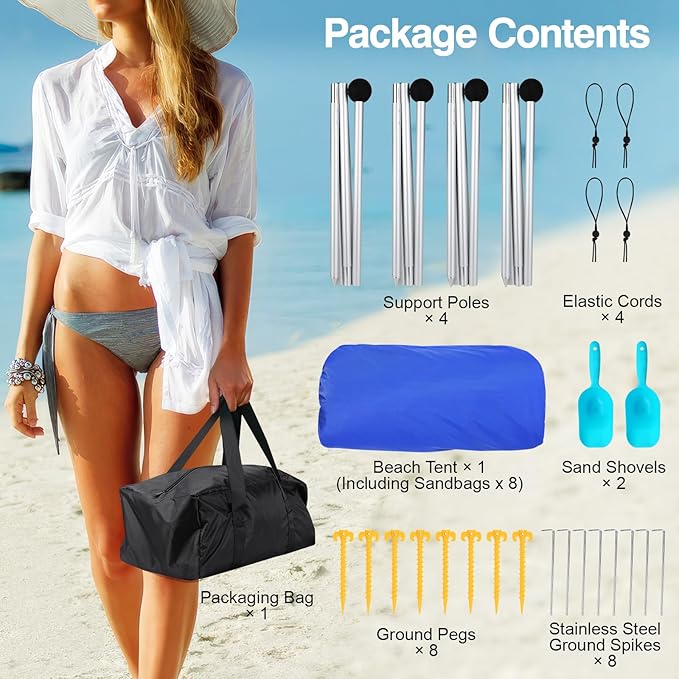 Rhino Valley Beach Tent Shade Canopy UPF50+ Protection, 8 Sandbags, 4 Stability Poles, Outdoor Sun Shelter Umbrella for Sand, Camping, Fishing Essentials