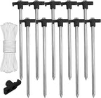 ABCCANOPY 15 Inch Tent Stakes 10 Pcs Non-Rust Metal Ground Anchors, Heavy Duty Spikes with 4 Ropes for Outdoor Camping, Black