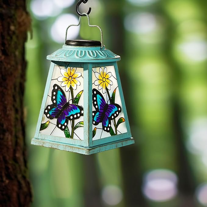 Solar Lantern with Shepherd Hook, Hanging Lantern with LED Lights, Outdoor Waterproof Solar Lanterns Metal Lamp Decoration Garden Patio Yard Pathway, Gifts for Mom Grandma Women, Butterfly